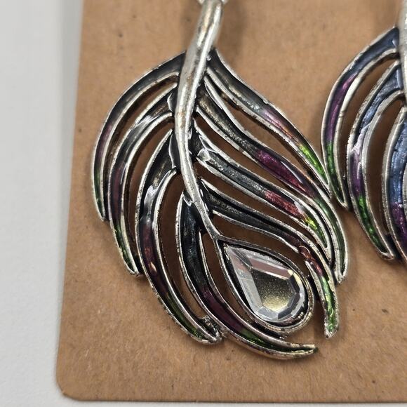 2 Set of Earrings Feather Shape Enameled Rhinestone & Avon Boho Weave Multicolor - Picture 8 of 12